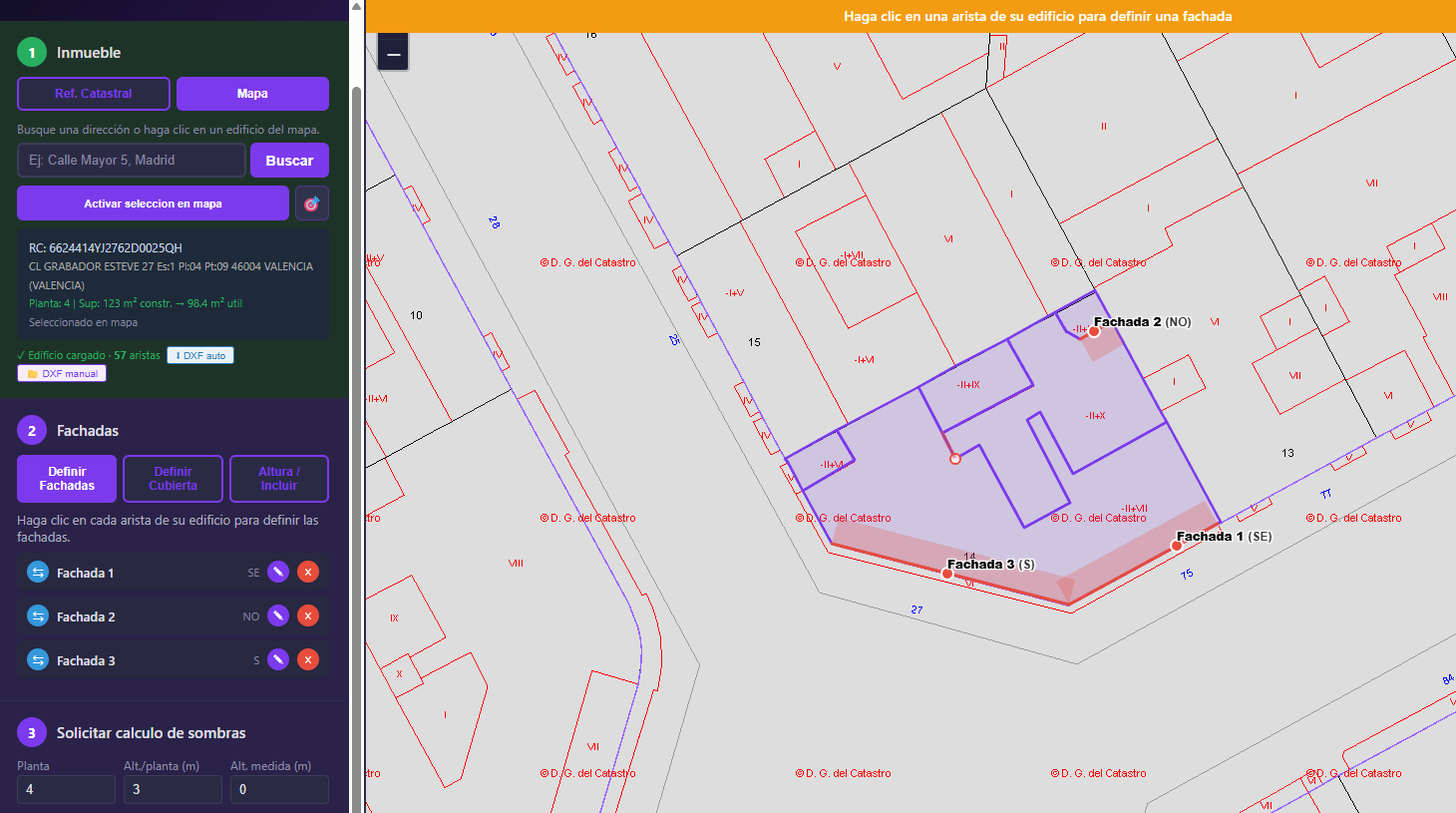 LuminaSol Sombras en acción — selección de fachadas sobre el mapa del Catastro
